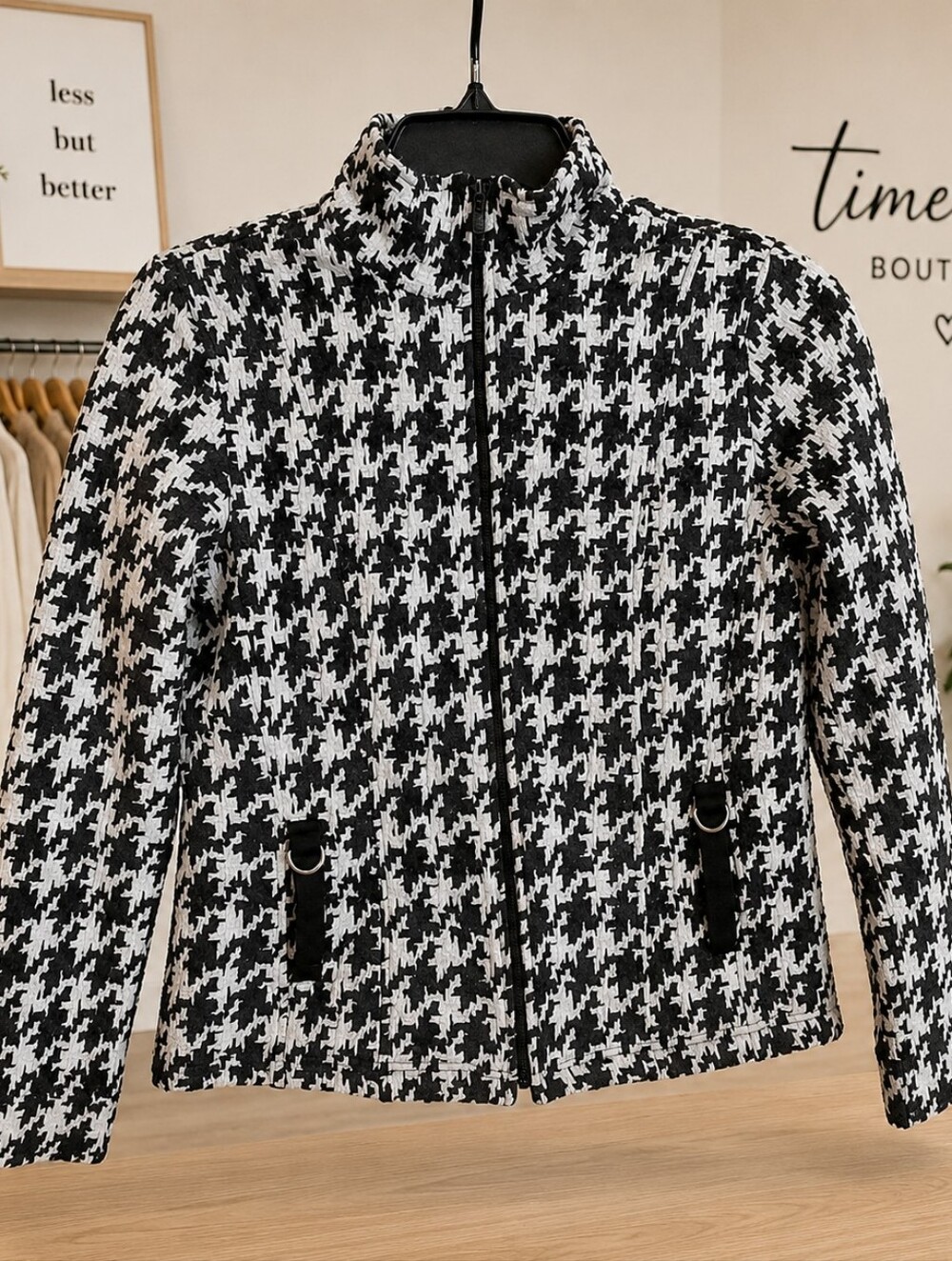 Rafael Sport Black & White Houndstooth Zip-Front Jacket - Size S